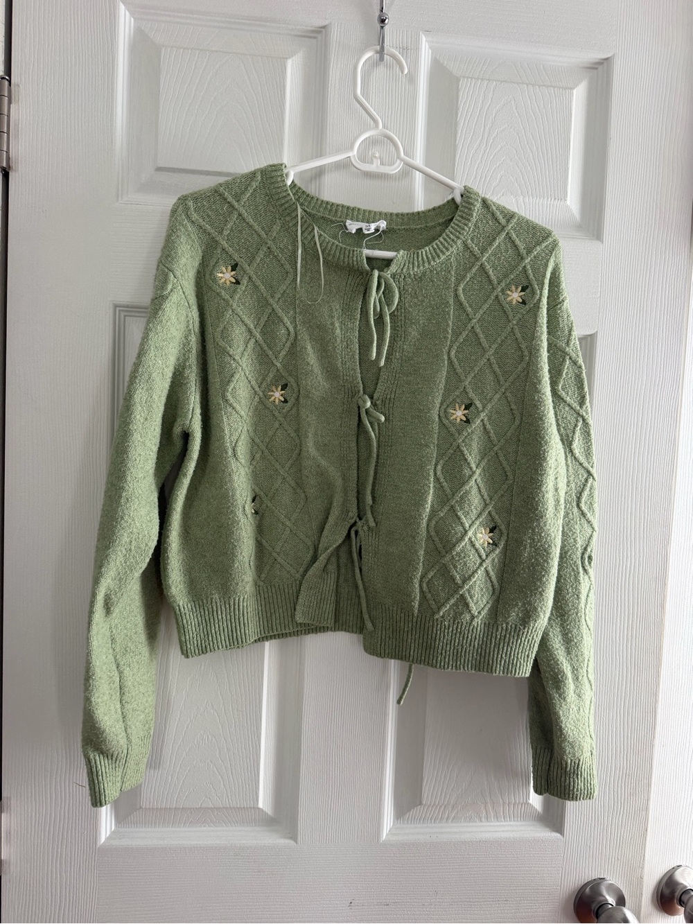 Light Green Knit Cardigan with Tie Front and Floral Accents